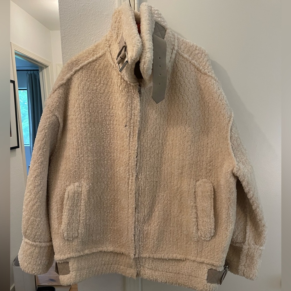 Fuzzy bomber jacket with strap detail